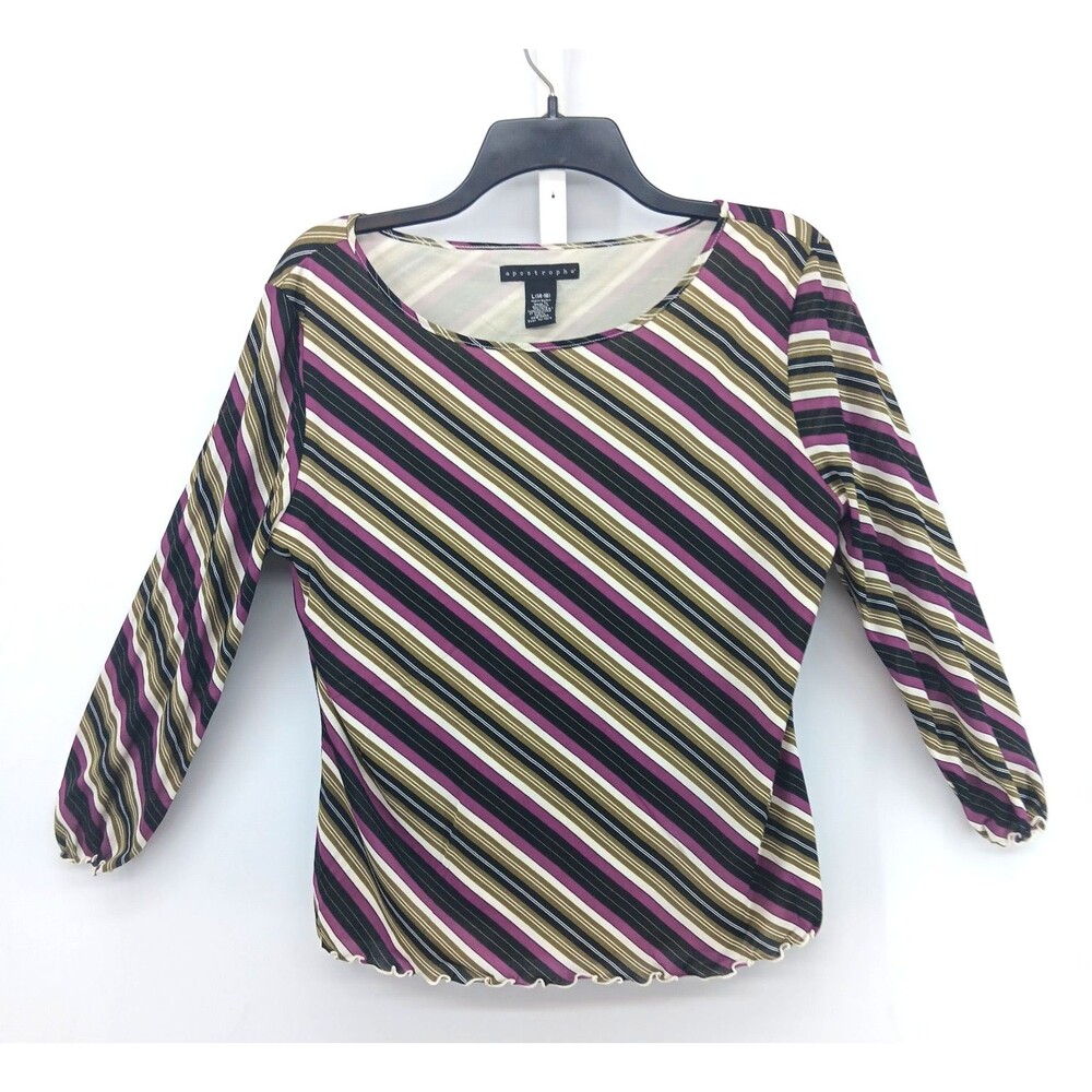 Apostrophe Blouse Women Large Multicolor Diagonal Striped 3/4 Sleeve Lined Top